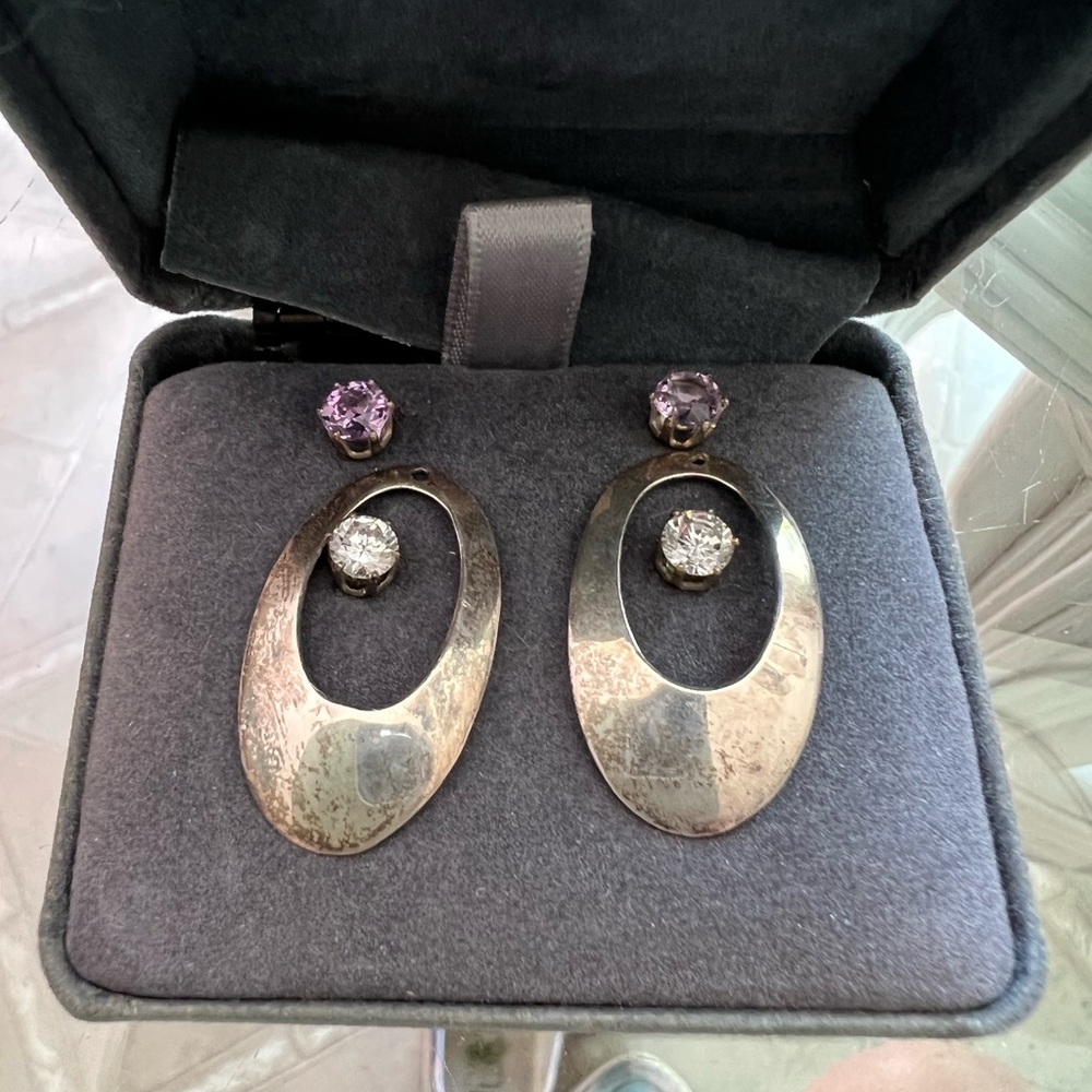 Crystal stud Earrings Purple and White with Sterling Silver disk dangle